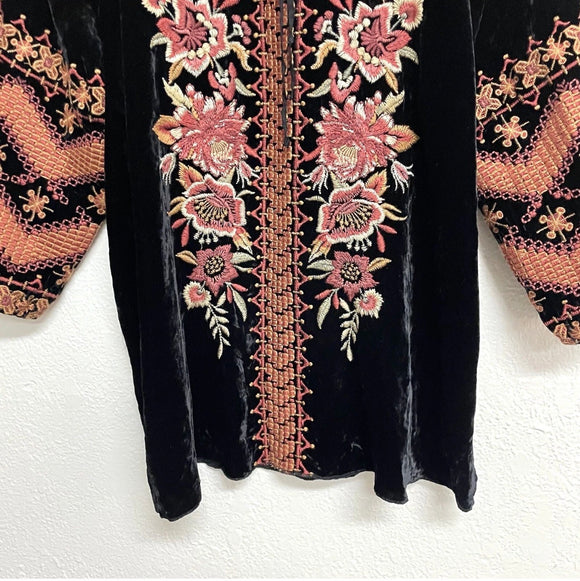 Floral Embroidered Velvet Peasant Top
