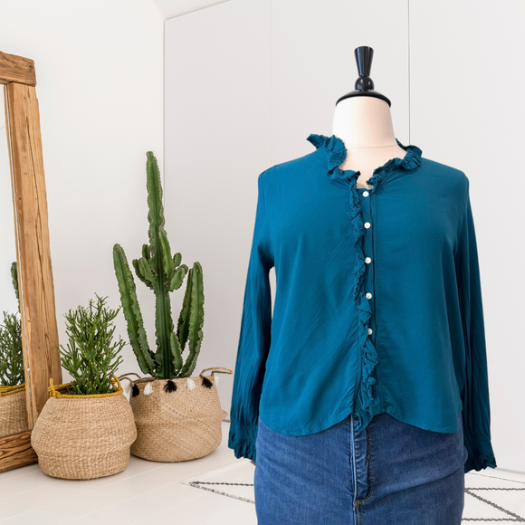 Ruffle Trim Button Down Top