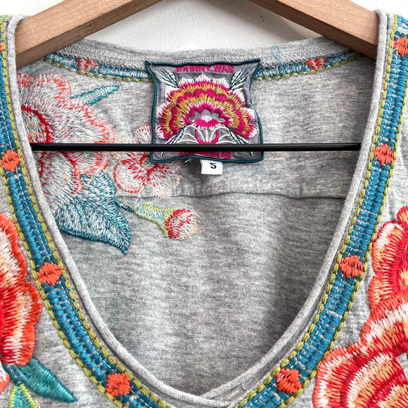 Floral Embroidered Silk Trim Tee