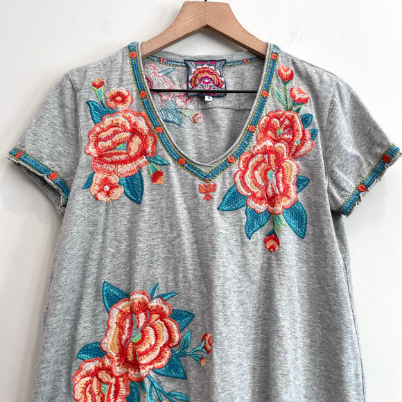 Floral Embroidered Silk Trim Tee