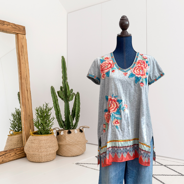 Floral Embroidered Silk Trim Tee