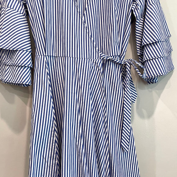 Striped Tiered Bell Sleeve Wrap Dress