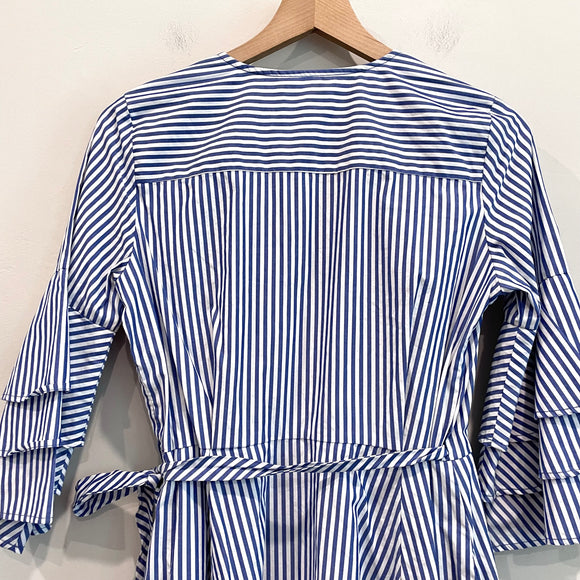 Striped Tiered Bell Sleeve Wrap Dress