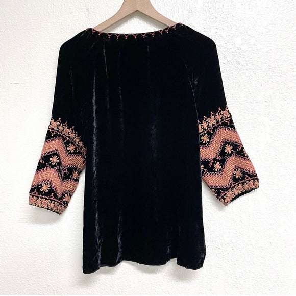 Floral Embroidered Velvet Peasant Top