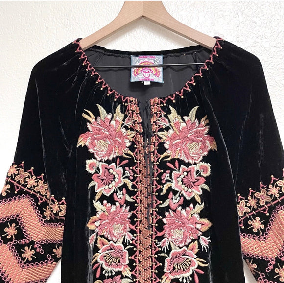 Floral Embroidered Velvet Peasant Top