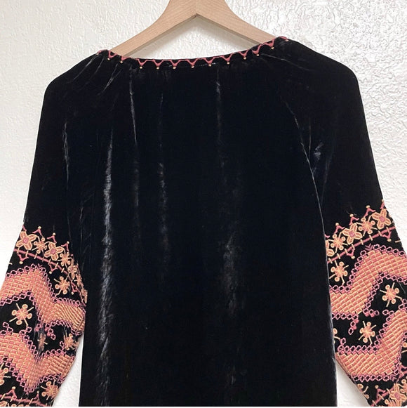Floral Embroidered Velvet Peasant Top