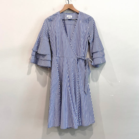 Striped Tiered Bell Sleeve Wrap Dress