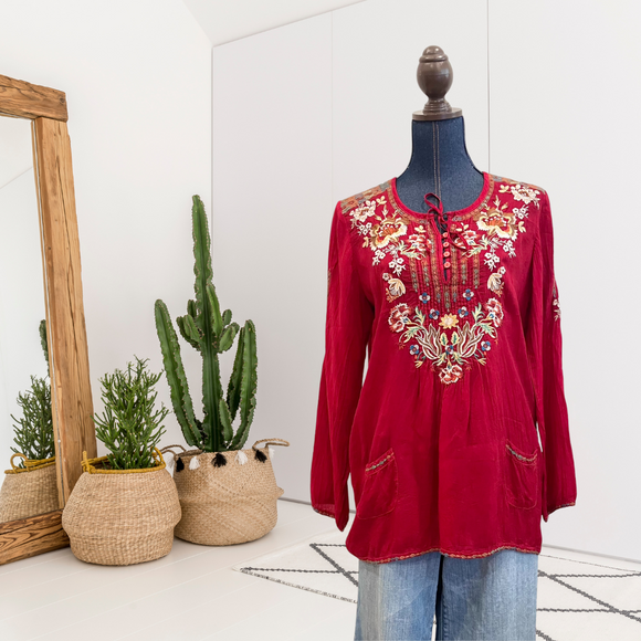 Floral 1/4 Button Embroidered Top