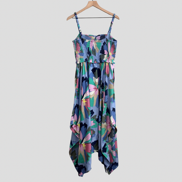 Smocked Handkerchief Hem Midi Dress