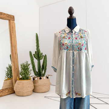 Floral Peacock Embroidered Tunic Top