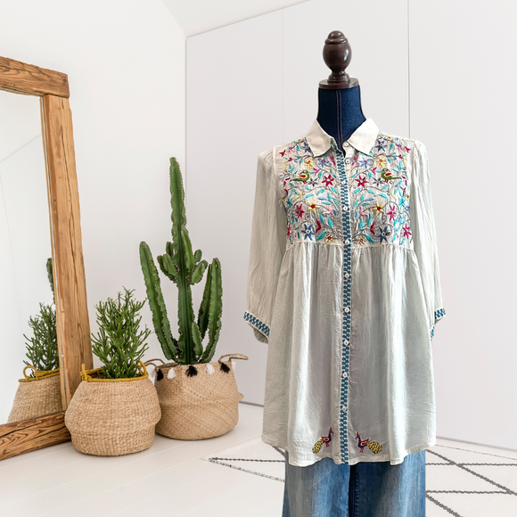 Floral Peacock Embroidered Tunic Top