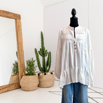 Long Sleeve Eyelet 1/4 Button Tunic Top