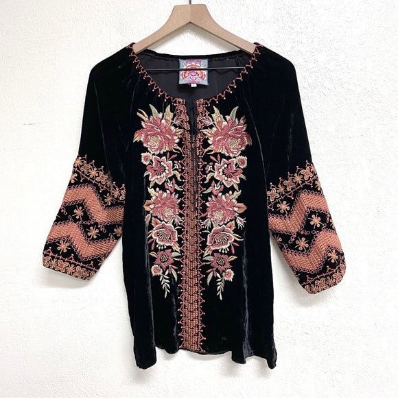 Floral Embroidered Velvet Peasant Top