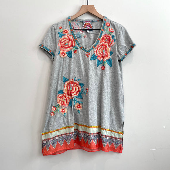 Floral Embroidered Silk Trim Tee