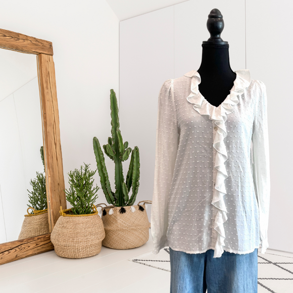 Ruffled Button Down Swiss Dot Top