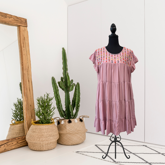 Embroidered Ruffle Shift Dress