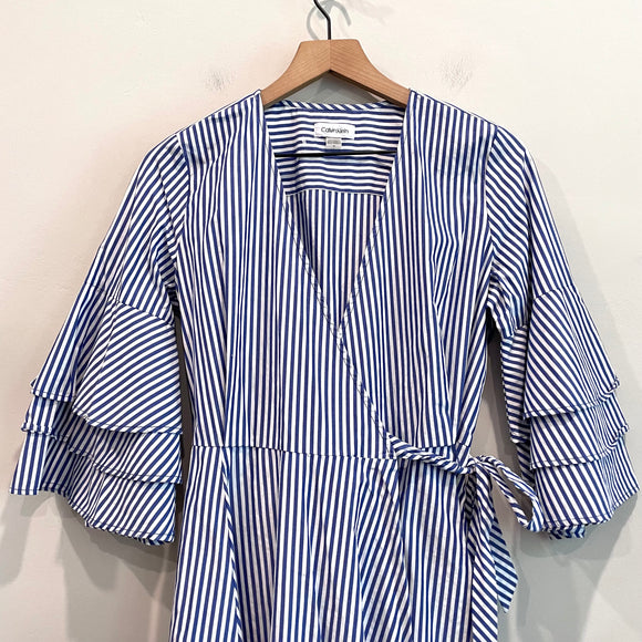 Striped Tiered Bell Sleeve Wrap Dress