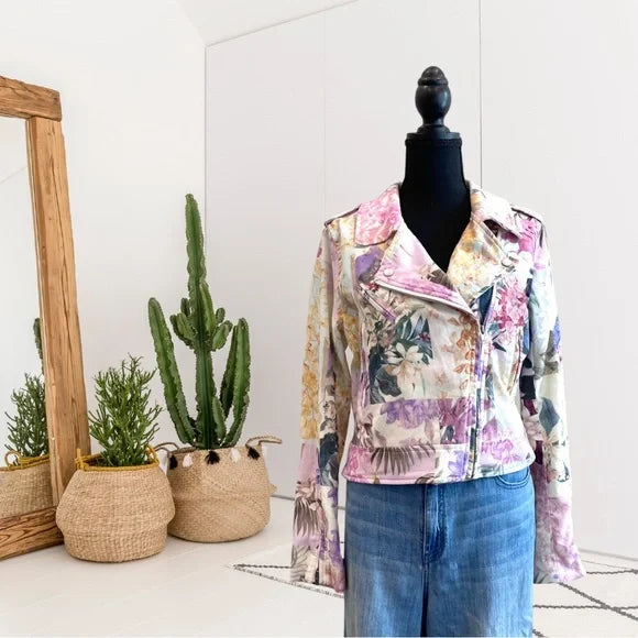 Floral Bird Print Moto Jacket