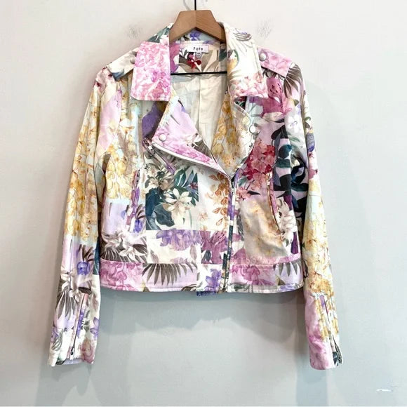 Floral Bird Print Moto Jacket