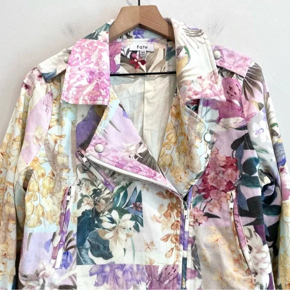 Floral Bird Print Moto Jacket