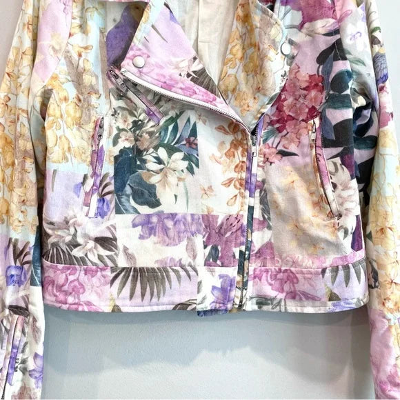 Floral Bird Print Moto Jacket
