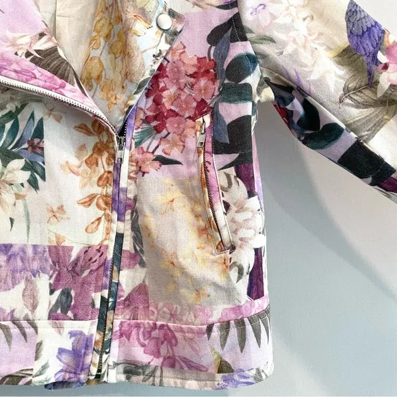 Floral Bird Print Moto Jacket