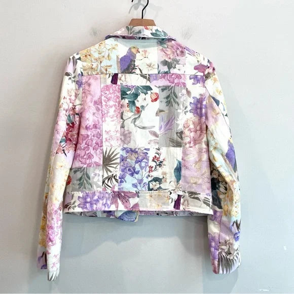 Floral Bird Print Moto Jacket
