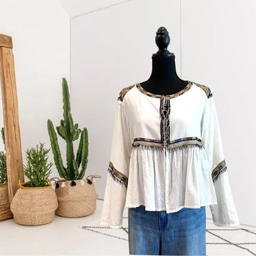 Embroidered Beaded Tassel Top