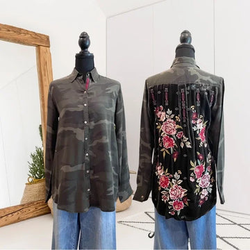 Silk Camo Embroidered Velvet Top