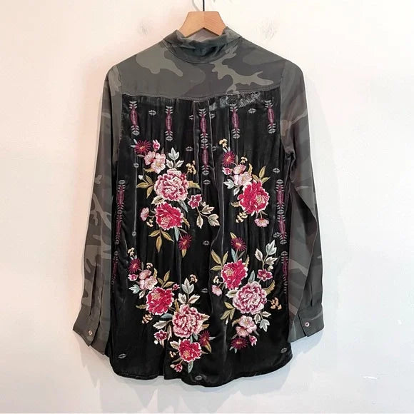 Silk Camo Embroidered Velvet Top