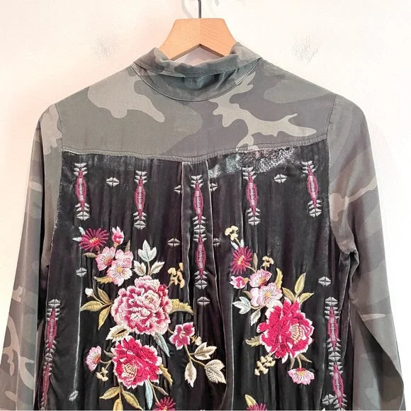 Silk Camo Embroidered Velvet Top
