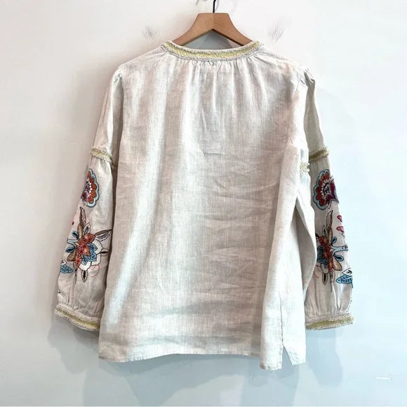 Linen Floral Embroidered Sleeve Top