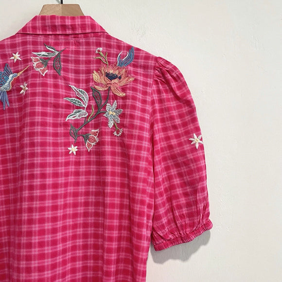 Floral Embroidered Plaid Button Top