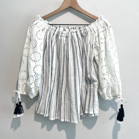 Eyelet Tassel Striped Top
