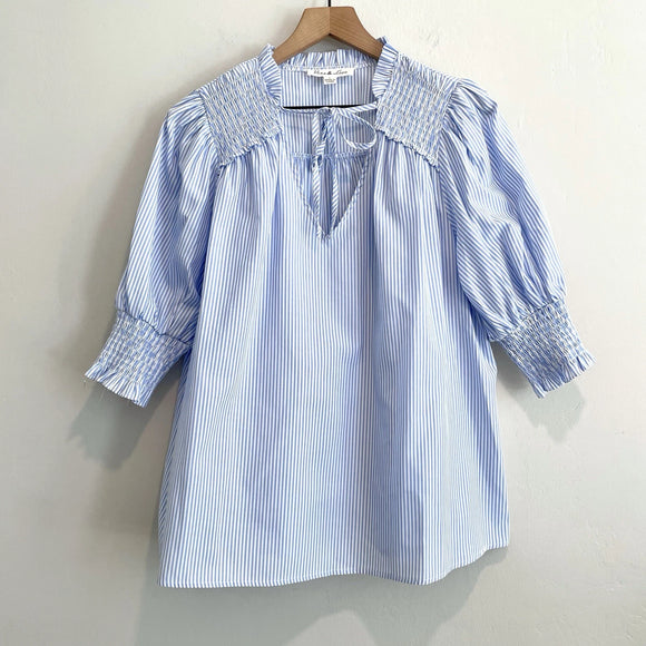 Smocked Striped Tie Neck Top