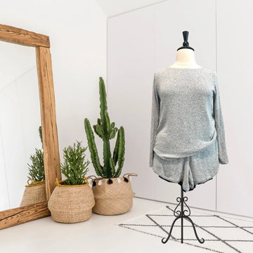 2PC Long Sleeve Top Pull On Lace Trim Shorts