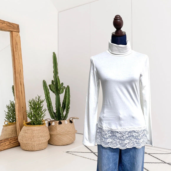 Lace Trim Long Sleeve Turtleneck
