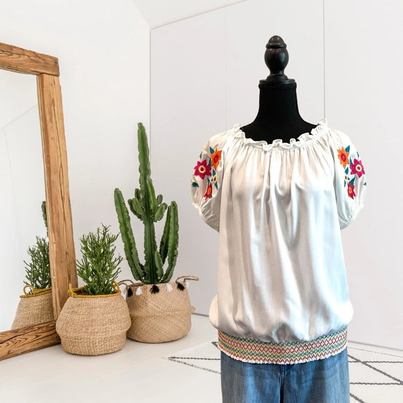 Floral Embroidered Smocked Top