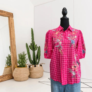 Floral Embroidered Plaid Button Top