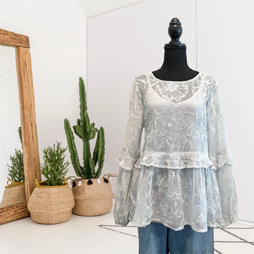 Silk Embroidered Ruffle Lined Top