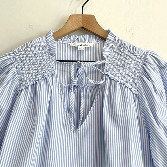 Smocked Striped Tie Neck Top