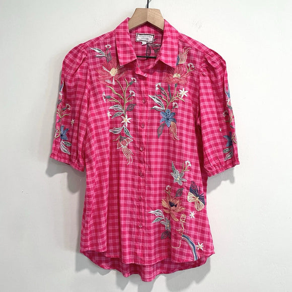 Floral Embroidered Plaid Button Top