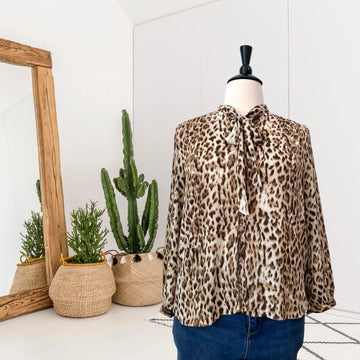 Tie Neck Button Down Leopard Print Top