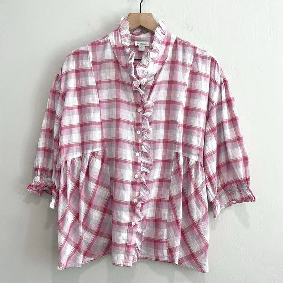 Ruffle Trim Plaid Button Down Top