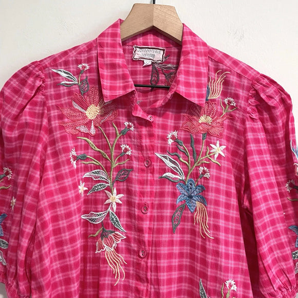 Floral Embroidered Plaid Button Top