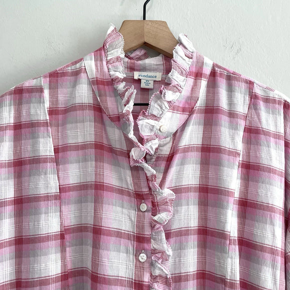 Ruffle Trim Plaid Button Down Top
