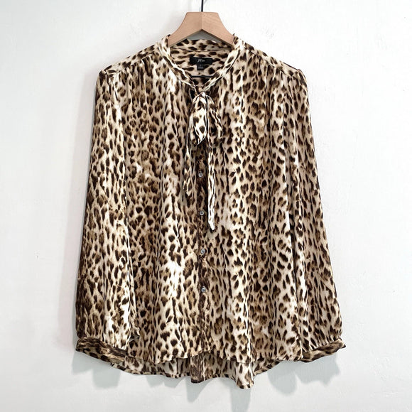 Tie Neck Button Down Leopard Print Top