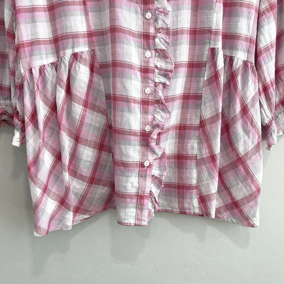 Ruffle Trim Plaid Button Down Top