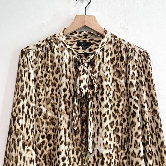 Tie Neck Button Down Leopard Print Top