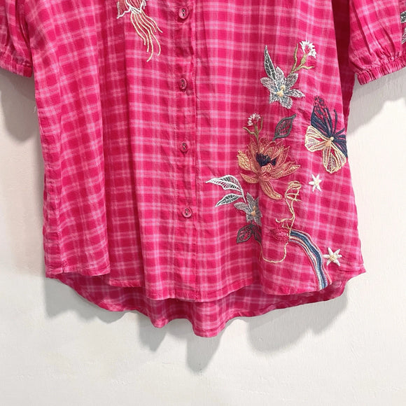 Floral Embroidered Plaid Button Top